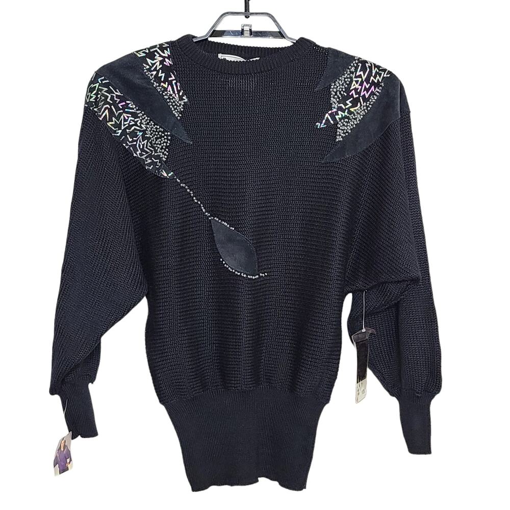 Vintage 80s Sweater Pioneer Wear Black Large NEW Embellished Suede Patch